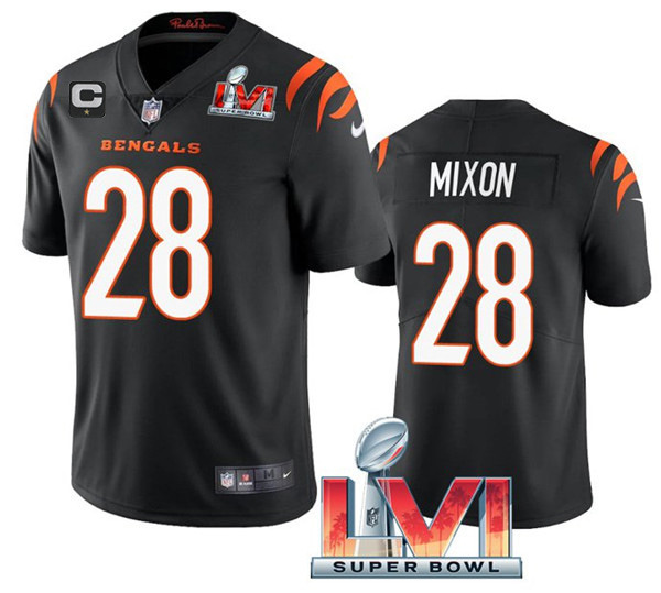 Youth Cincinnati Bengals #28 Joe Mixon 2022 Black With C Patch Super Bowl LVI Vapor Limited Stitched Jersey Youth Cincinnati Bengals #28 Joe Mixon 2022 Black With C Patch Super Bowl LVI Vapor Limited Stitched Jersey